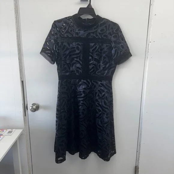 Antonio Melani Liva Black & Blue Lace Embroidered Fit & Flare Dress - Size 12 - Picture 3 of 16